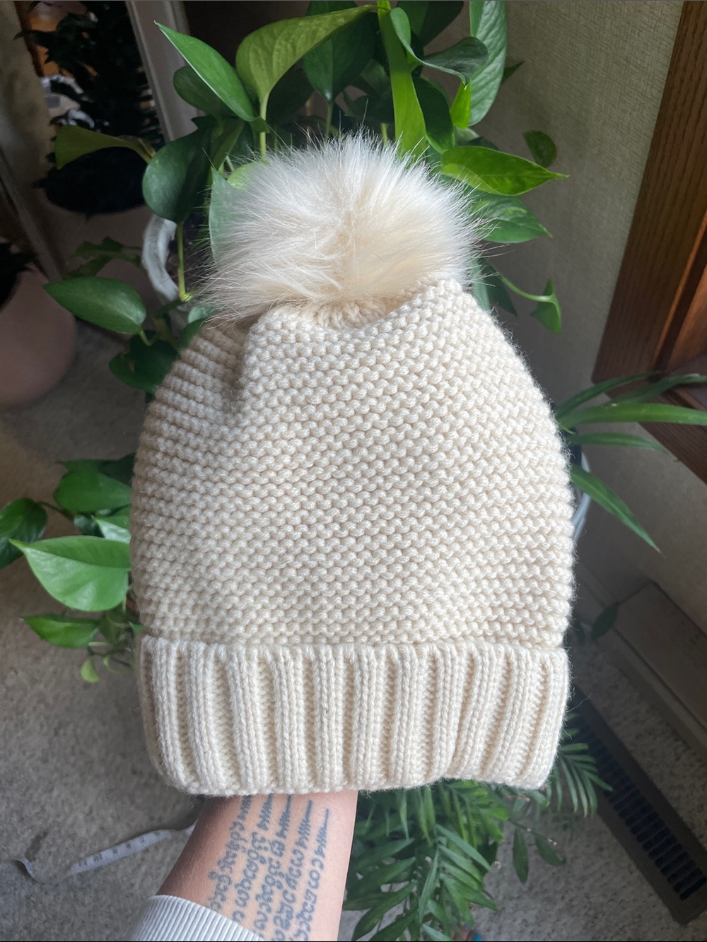 Chunky Cream Knit Pom Pom Winter Beanie Hat